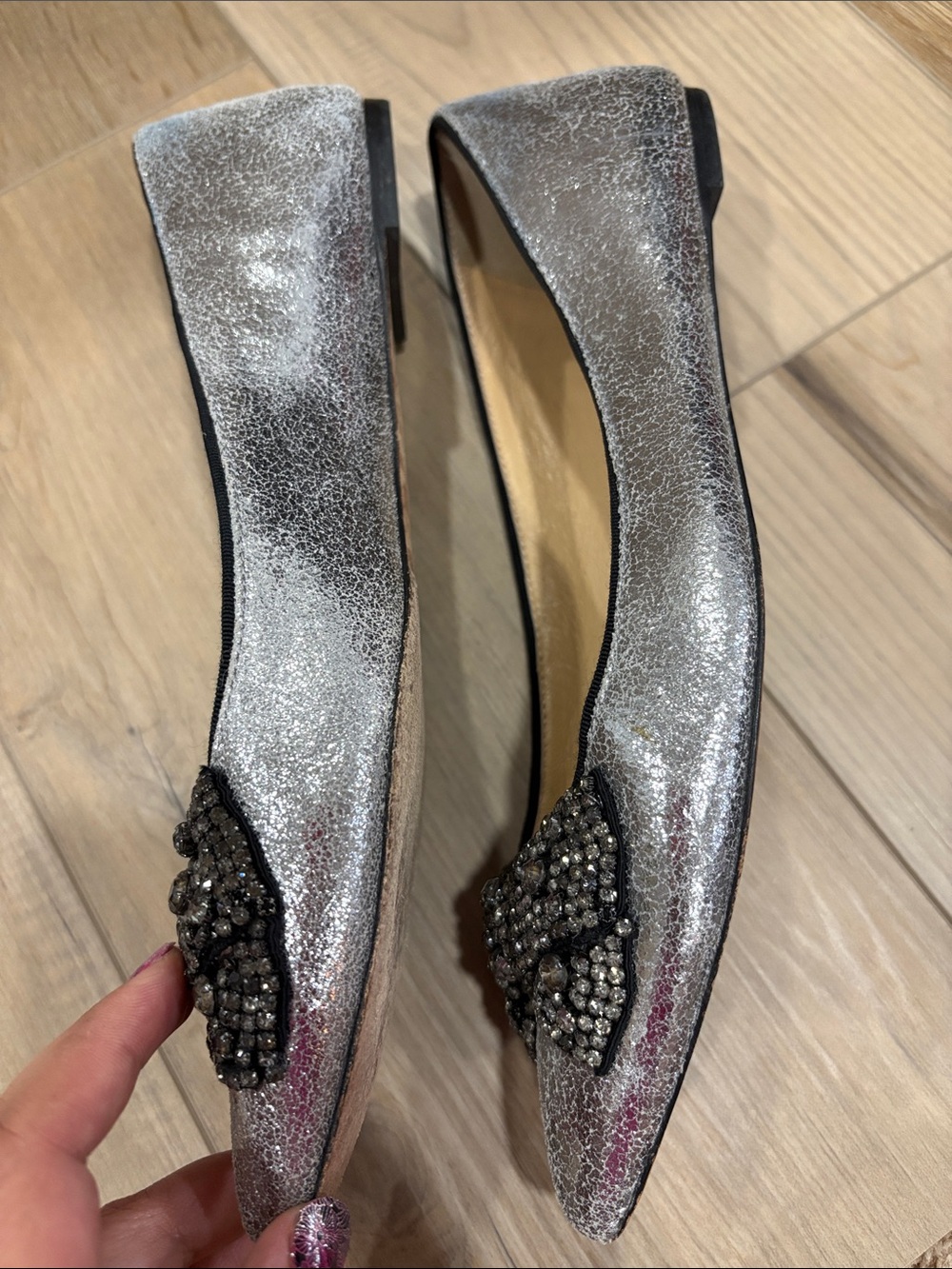 TORY BURCH Vanessa Metallic Crystal Bow Tie Leather Pointed Flats Shoes 10.5 - Picture 6 of 8